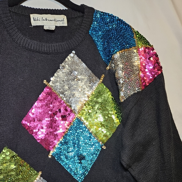 Viki International Sequin Diamond Argyle Sweater Vintage Retro - Picture 2 of 10